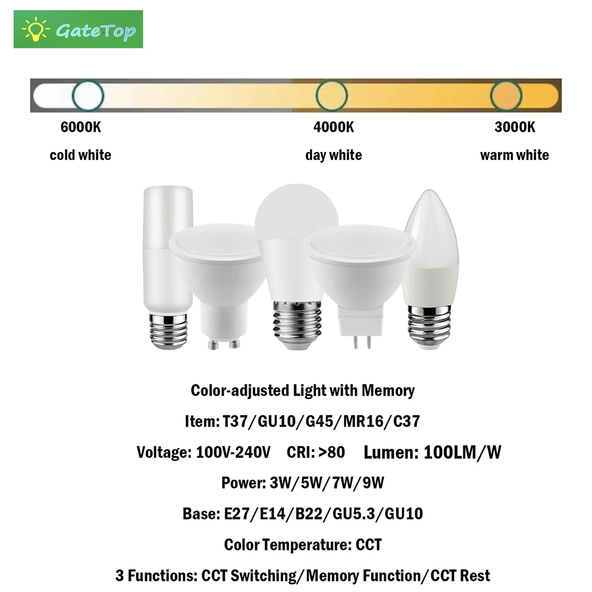 

10 шт., светодиодные лампы GU10/MR16/C37/T37/G45 с памятью 3-9 Вт 100-240 В