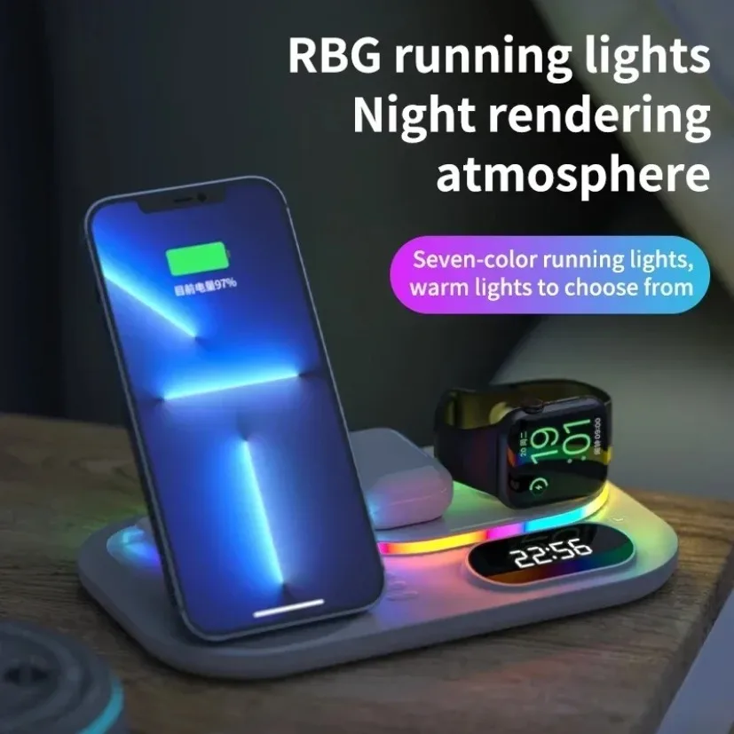 4 in 1 무선 충전 스테이션 RGB 무드등 디지털 시계 고속 충전 스탠드 (휴대폰, 시계, 이어버드용) 가정 및 사무실 데스크탑