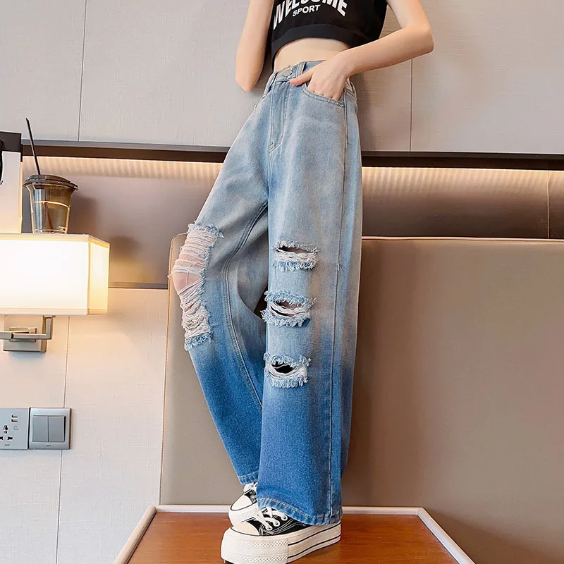 

2023 new teen girls Ripped Jeans Casual Loose Thin Blue Wide Leg Jeans Kids Fashion All-match Elastic Waist Teen Child Pants