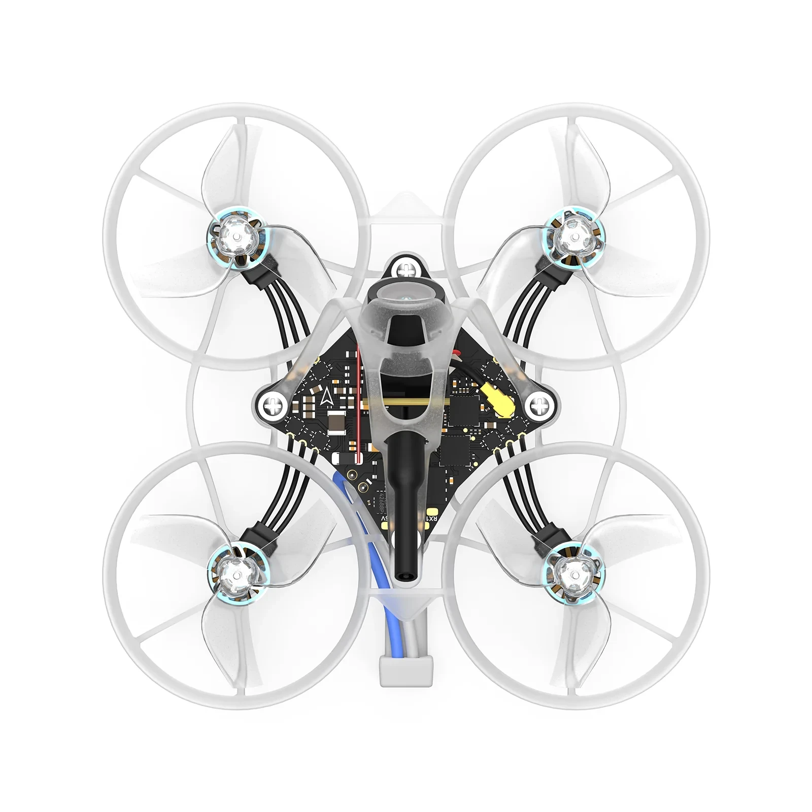 Drone FPV Micro Air65 Wisp édition limitée luminescente en action, volant près d'un arbre avec une traînée lumineuse