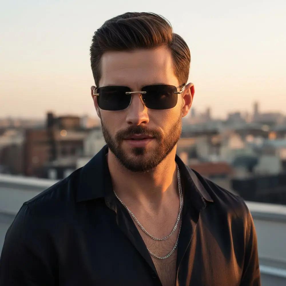 UV400 Diamantgeschliffene Sonnenbrille Quadratische Form Rahmenloses Design Kleiner Rahmen Sonnenbrille mit Leoparden-Dekor Diamantgeschliffene Kanten – Detail 14
