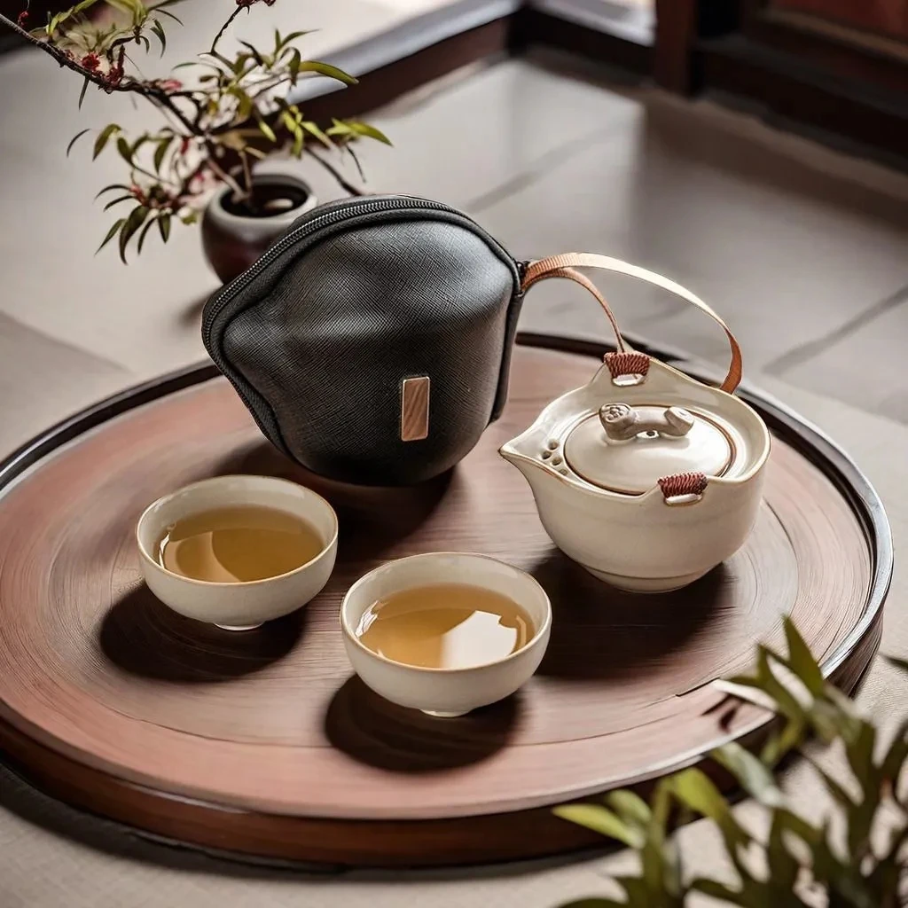 

Ru Kiln Travel Tea Set Portable Outdoor Quick Cup One Pot Two Cups Ceramic Brewing Tea Gift Set Outdoor