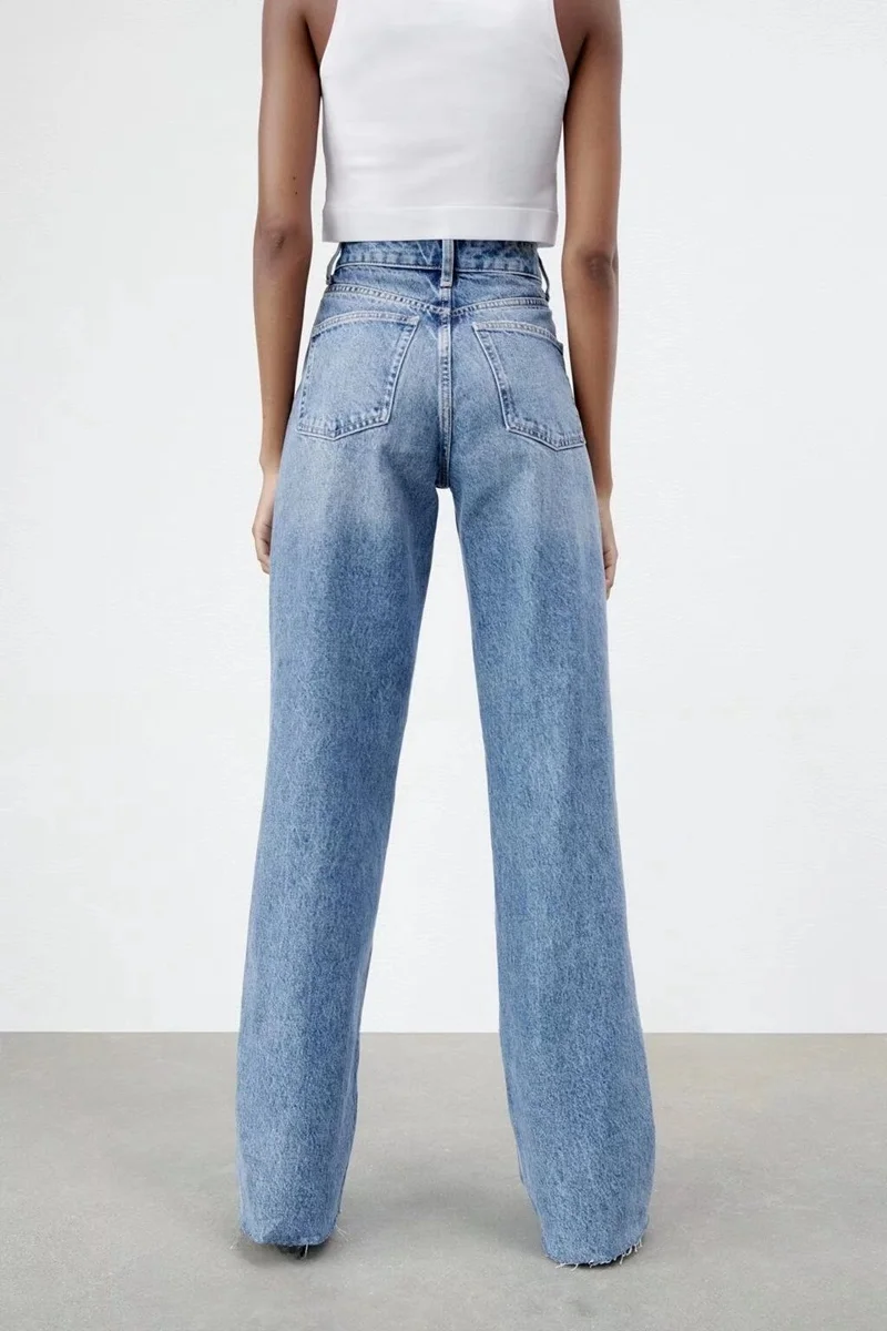 Fall Faion High Waist Wide Leg Jeans Women's Long Sle Decorative Hole Street Sle Denim Pants Autumn Seasonal Goods