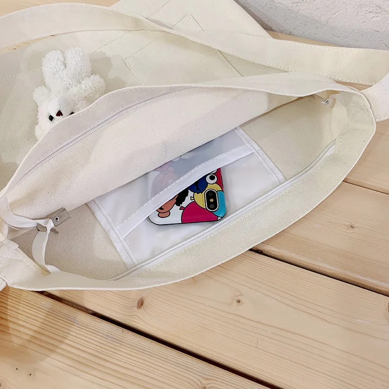 Cotton Canvas Bag With 3 External Pockets  Handbag High-Capacity Zipper Closure Suitable For Young Women and Female Students