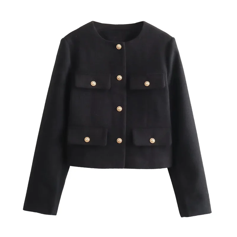 TRAF Tweed Cropped Jacket Woman Long Sleeve Vintage Jacket Woman Fashion Button Elegant Jackets For Women New In Short Coats 6