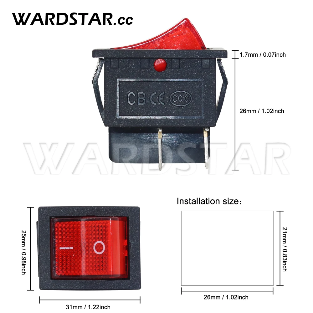 Interruptor basculante KCD4 16A 250V 20A 125V Encendido/Apagado - Luz roja  iluminada 4 pines 2 posiciones DPST Snap in Boat Rocker Interruptor de