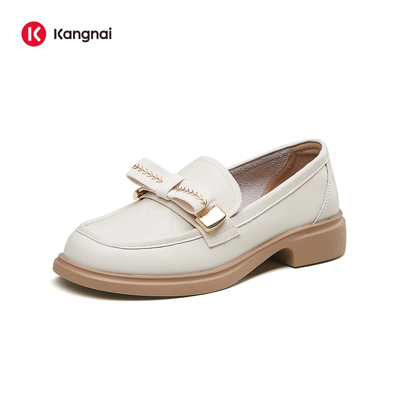 

Kangnai Loafers Women Genuine Cow Leather Moccasin Round Toe Bowknot Slip-On Retro Ladies Penny Platform Flats