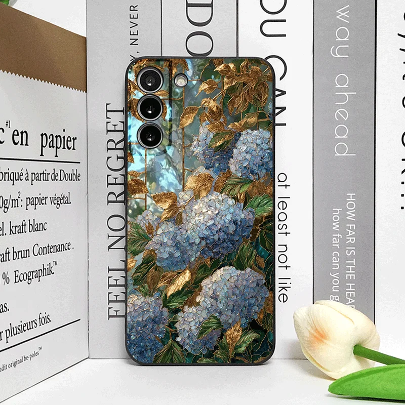 Blue Hydrangea Pattern Frosted Soft Phone Case with Abstract Flower Design