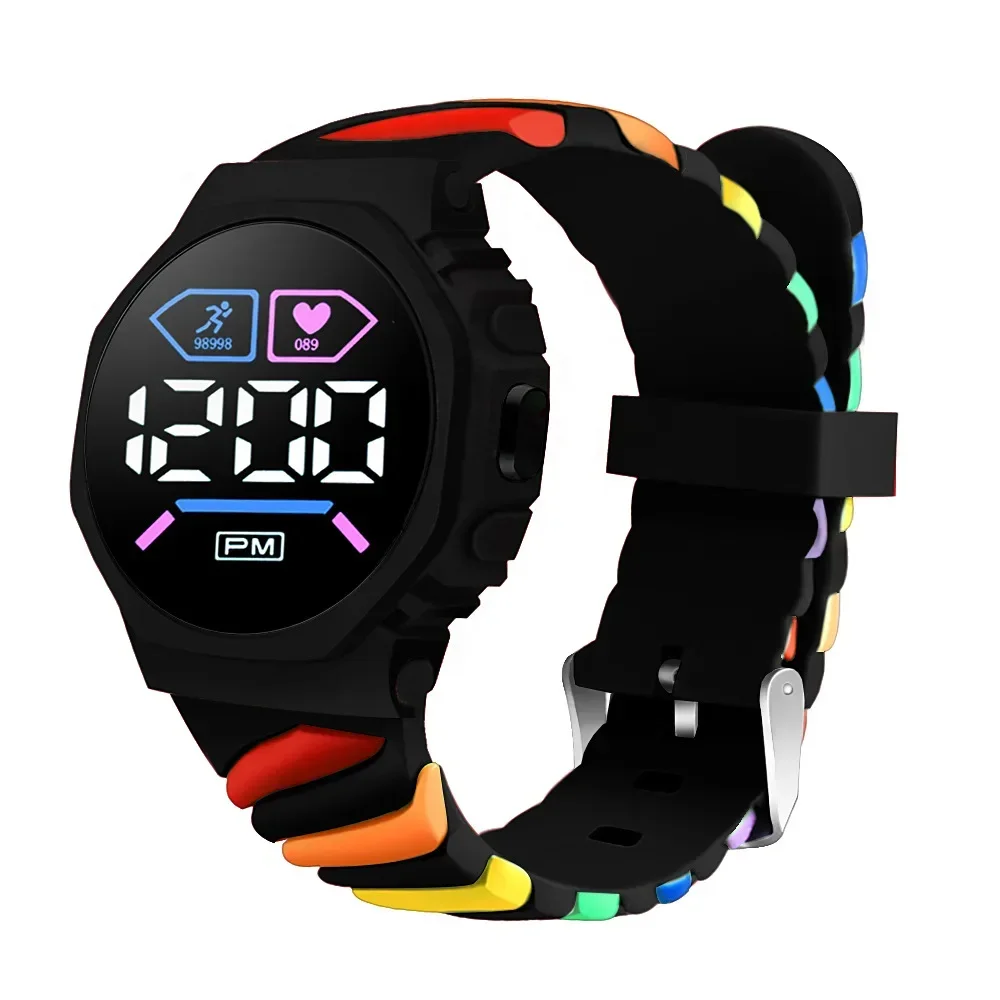 YIKAZE Digital Children Kids Watch Silicone Strap Rainbow Wristwatch Sport LED Electronic Watch for Boys Girls Kids Student Gift
