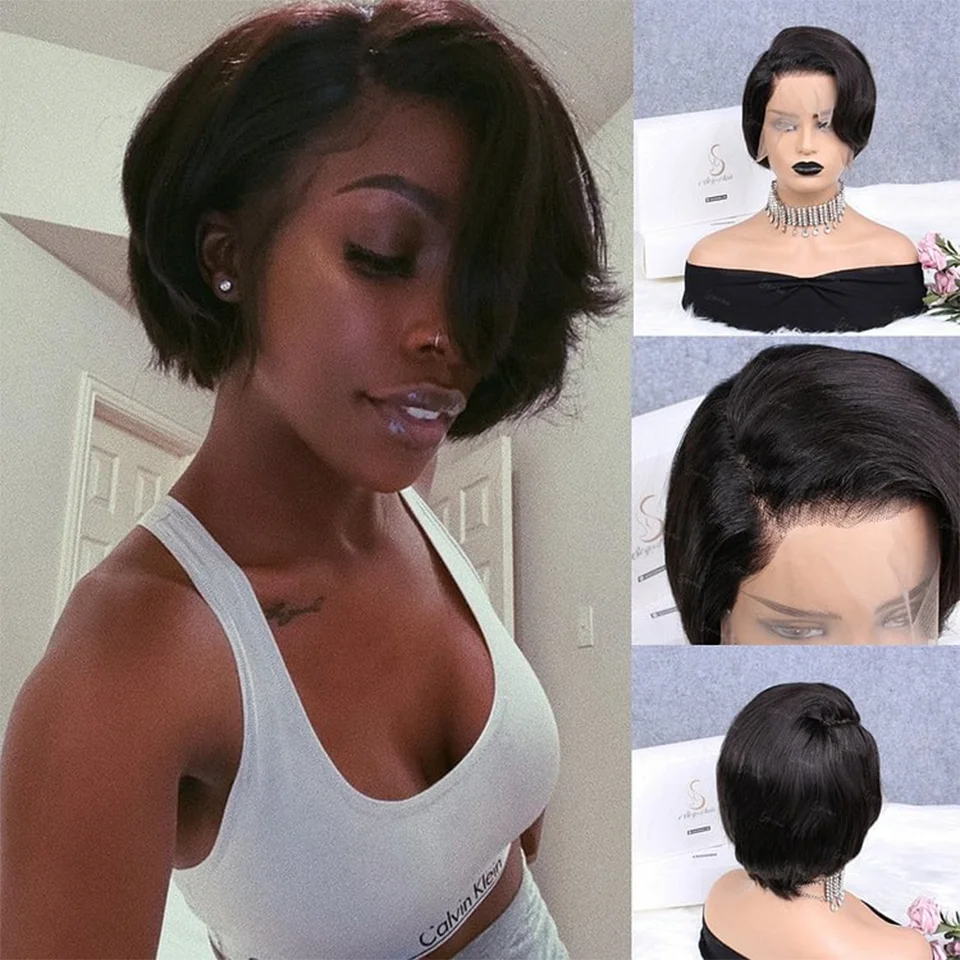 

Pixie Cut Straight Bob T Part Lace Human Hair Wig Transparent Lace Front Wig For Women Pre Plucked Glueless Brazilian Human Wigs