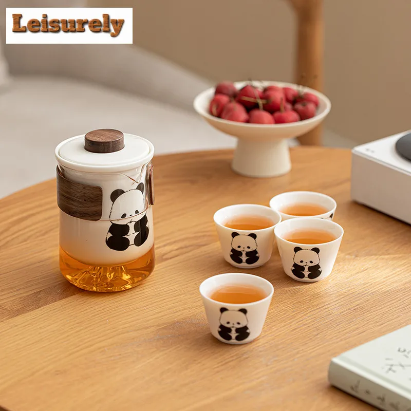 Cute Panda Mutton Fat Jade Travel Tea Set Kit Japanese 1 Pot 4 Cups Tea Maker Organizer Portable Camping Tote Bag Accessories