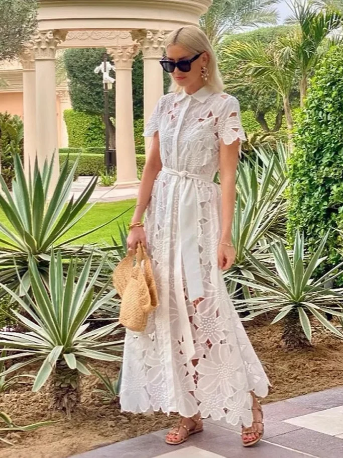 Elegant White Embroidered Hollow Out Tulle Long Dress Summer