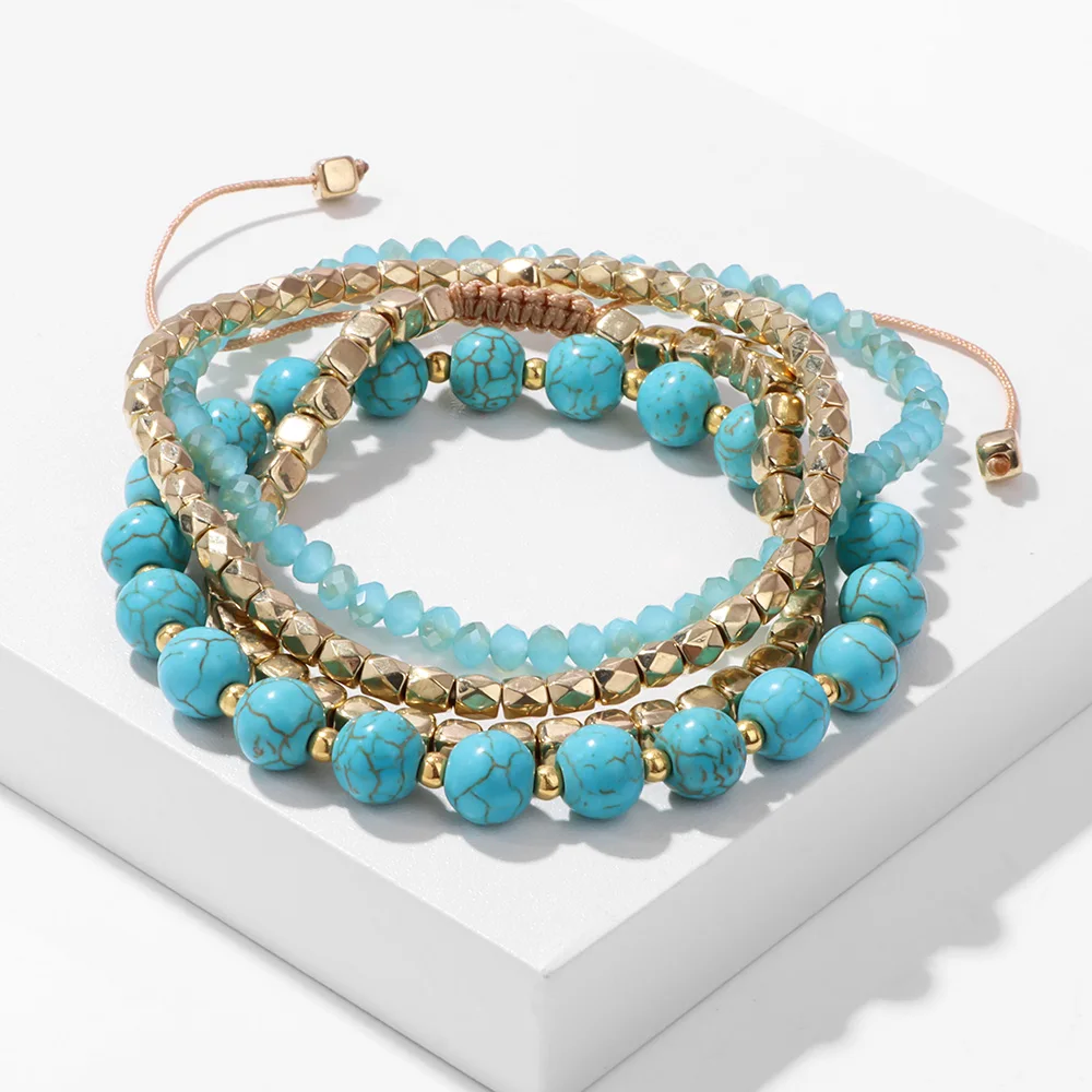 4Pcs/Set Natural Stone Bracelets Adjustable Gold Color Beads Bracelets Set For Women Men Jewelry Handmade Crystal Bangles Gift