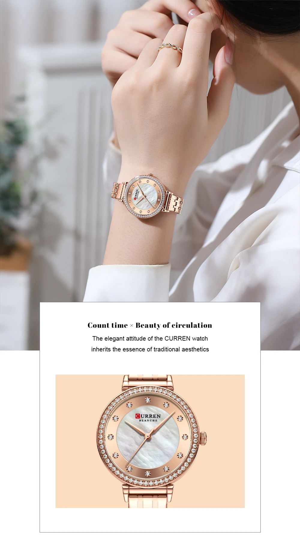 CURREN Luxury Slim Women's Watch Two Tone Stainless Steel Band Mother of Pearl Dial with Rhinestones Elegant Quartz Wristwatch