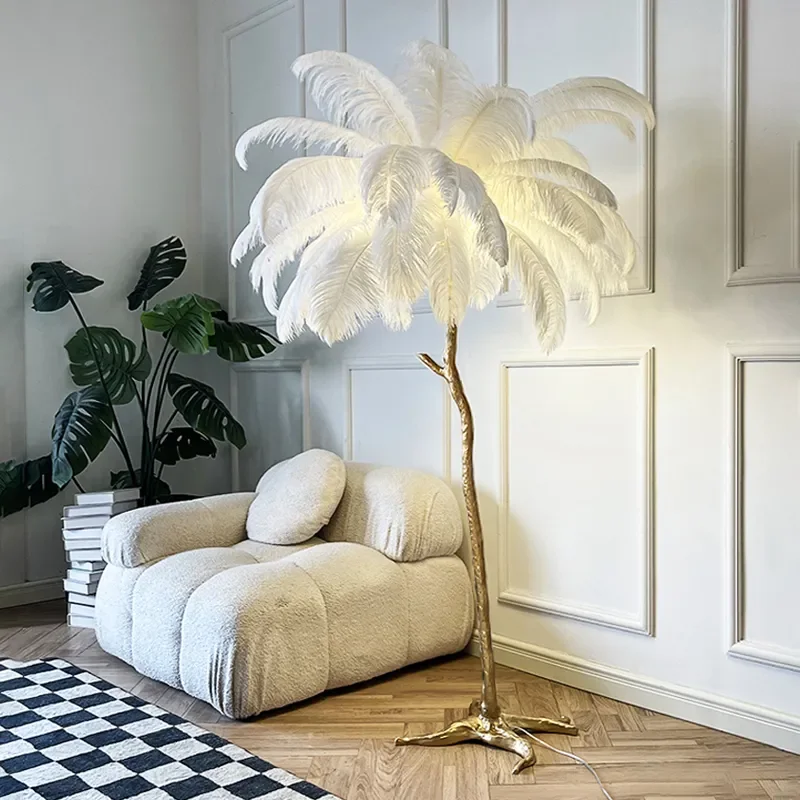 

Nordic Ostrich Feather Led Floor Lamp Resin Copper Living Room Home Decor Standing Light Indoor Lighting Bedroom Bedside Light