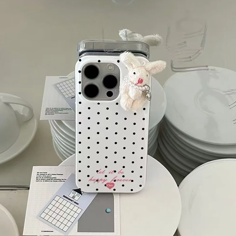 3D Plush Rabbit Polka Dot Phone Case with Plastic Detail