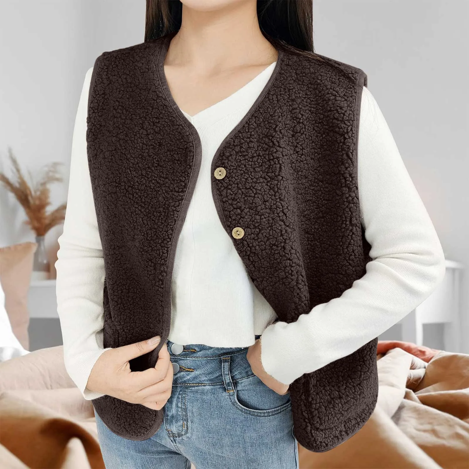 Women'S Teddy Fleece Vest Autumn Thin Vest Sleeveless Coat Plain Plush Vest Short Jacket Loose Fleece Vest Women Outwear 2
