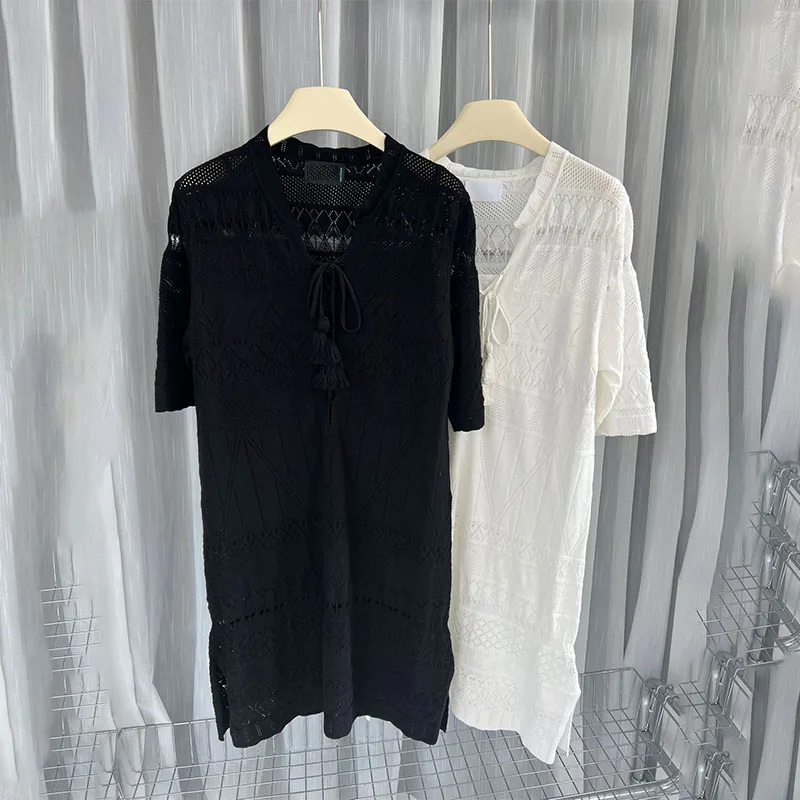 

Zadig White Black Dresses Chic Elegant Woman Dress Cotton Loose Hollow Sex Dress Casual Thin Short Sleeve Robes Female Clothing