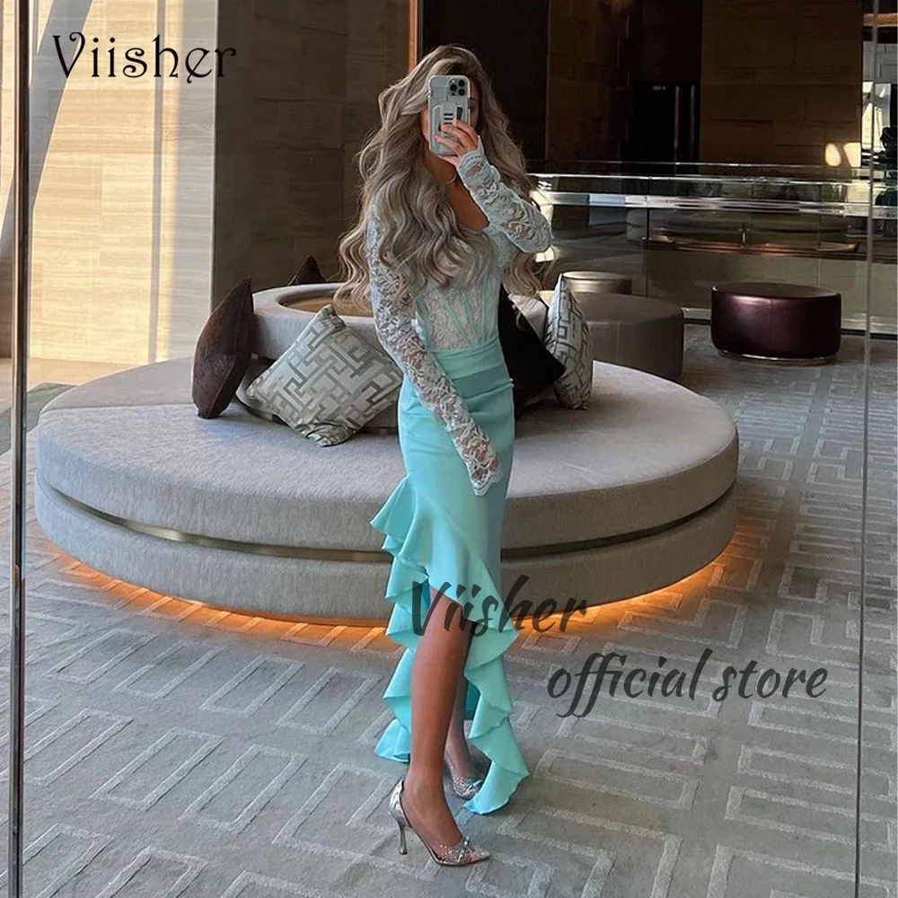 

Viisher Aqua Lace Mermaid Evening Dresses Long Sleev Bone Corset Sweetheart Prom Party Dress with Slit Long Formal Gowns