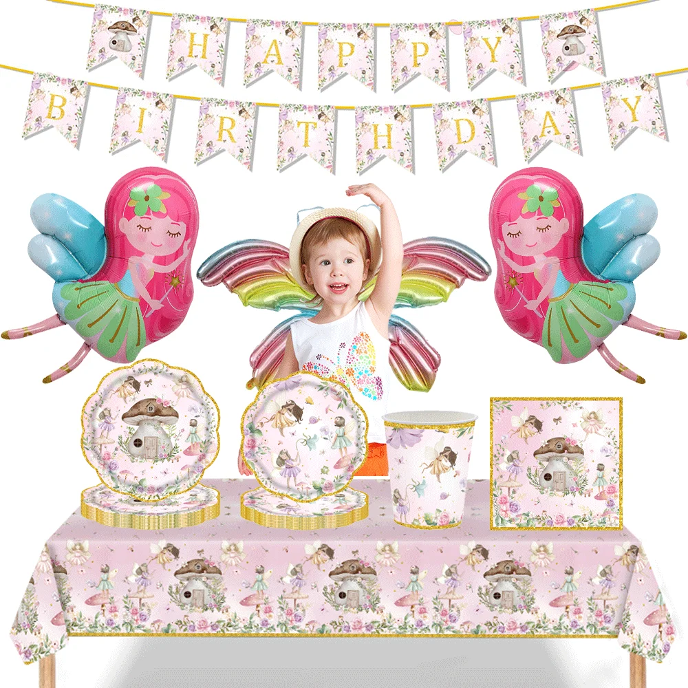 Feen-Dekorationen zum ersten Geburtstag, Teller, Servietten, Tischdecke, Banner, Blumenfee-Luftballons, verzauberte Waldfee, Partyzubehör
