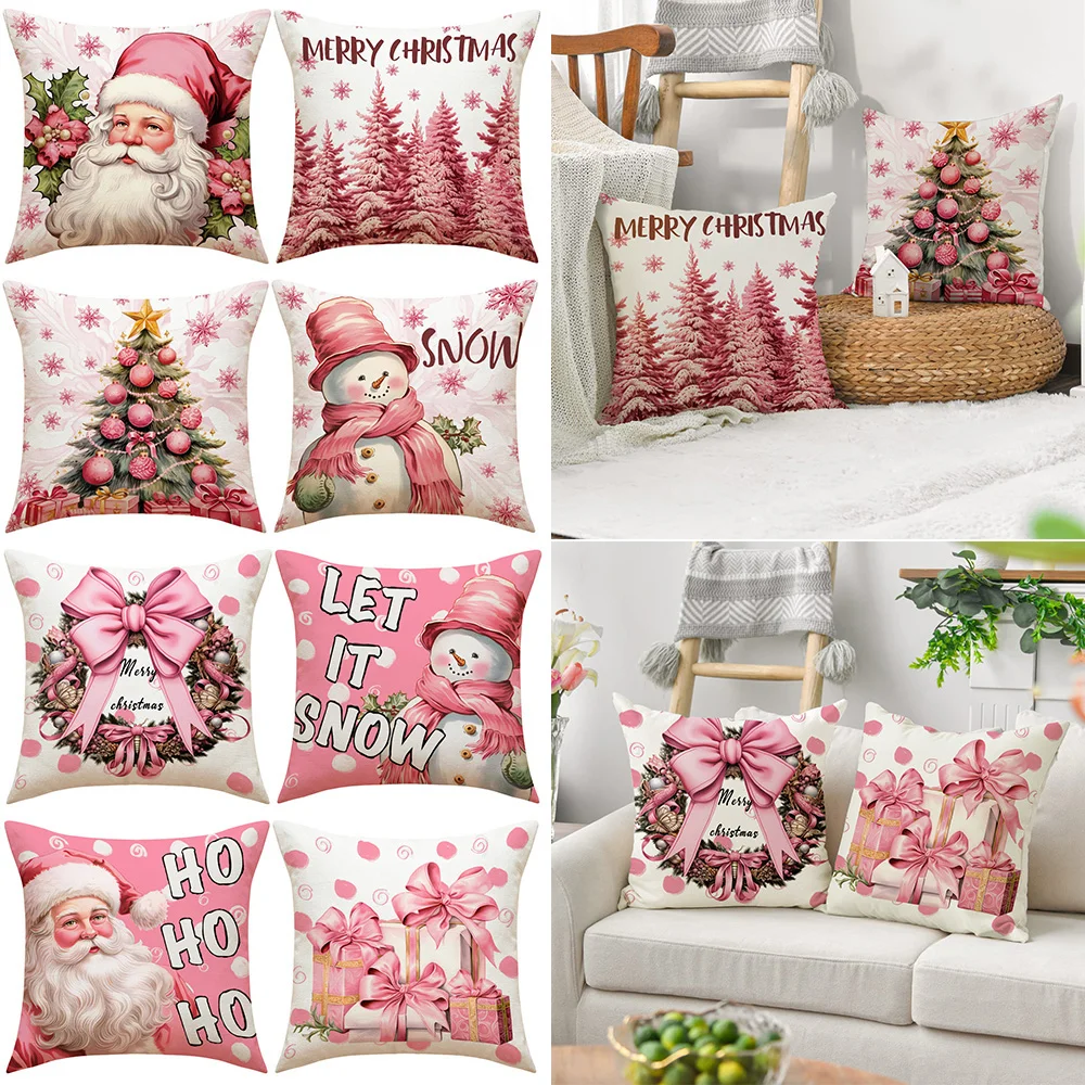 

45*45cm Pink Christmas Pillow Cover Xmas Snowman Pillow Case Pink Santa Claus Pillowcase Classic Merry Christmas Decorations