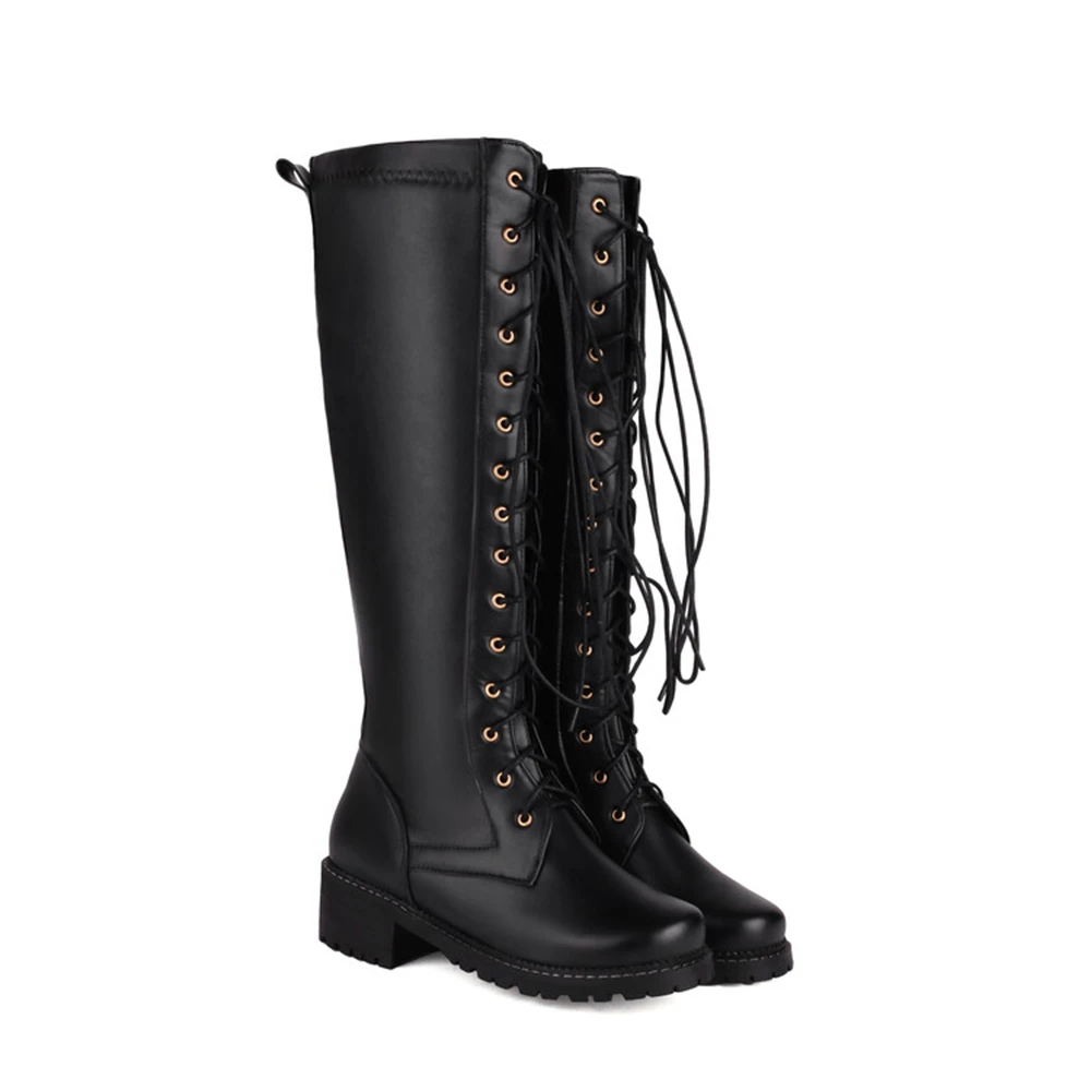 

Botas De Mujer 2024 New Knee High Boots Women Autumn Winter Side Zipper Cross Strap Thick Heels Platform Shoes Big Size 34-50 A4