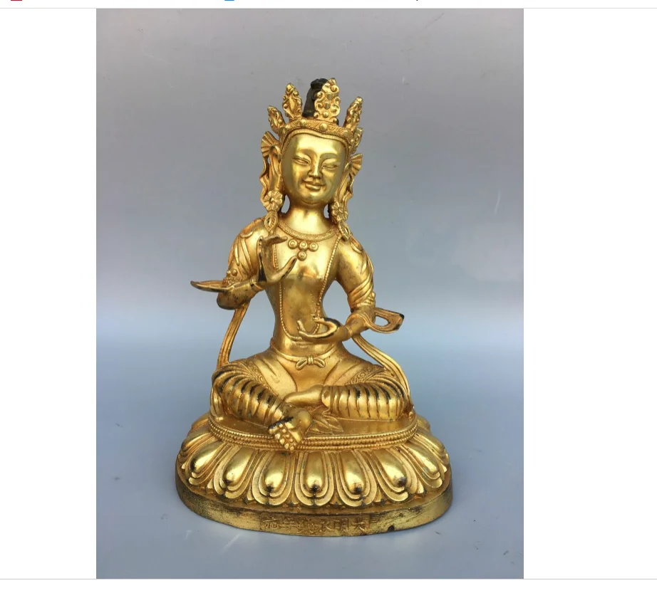 

8" Old China Antique Tibetan Buddhism temple Bronze gilt Tara bodhisattva statue