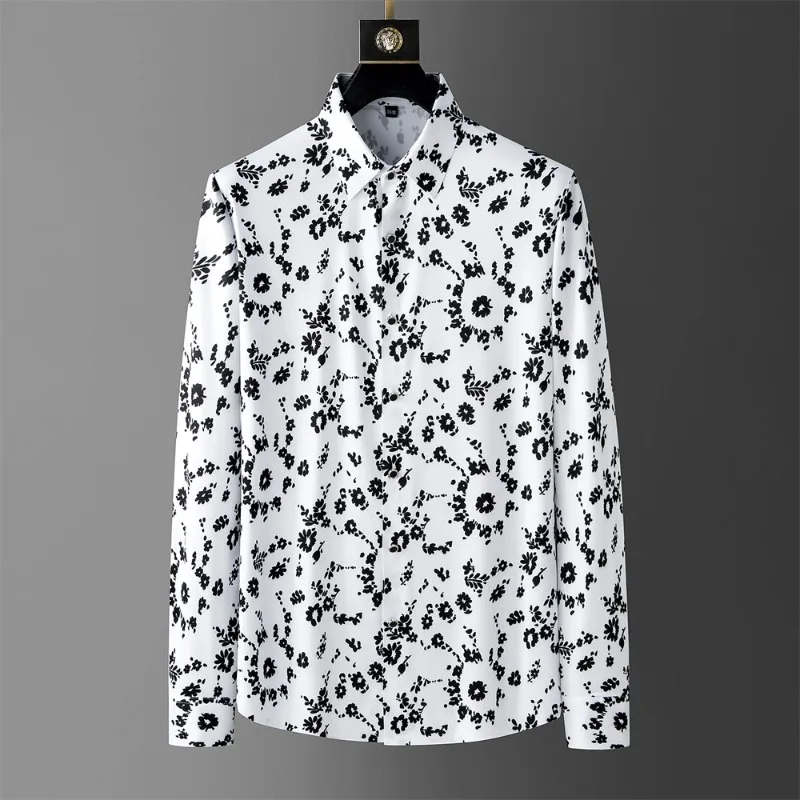

Brand Flower Print Shirt Men's 2024 Spring Long Sleeved Slim Casual Business Dress Shirts Social Party Streetwear Tuxedo Blouse
