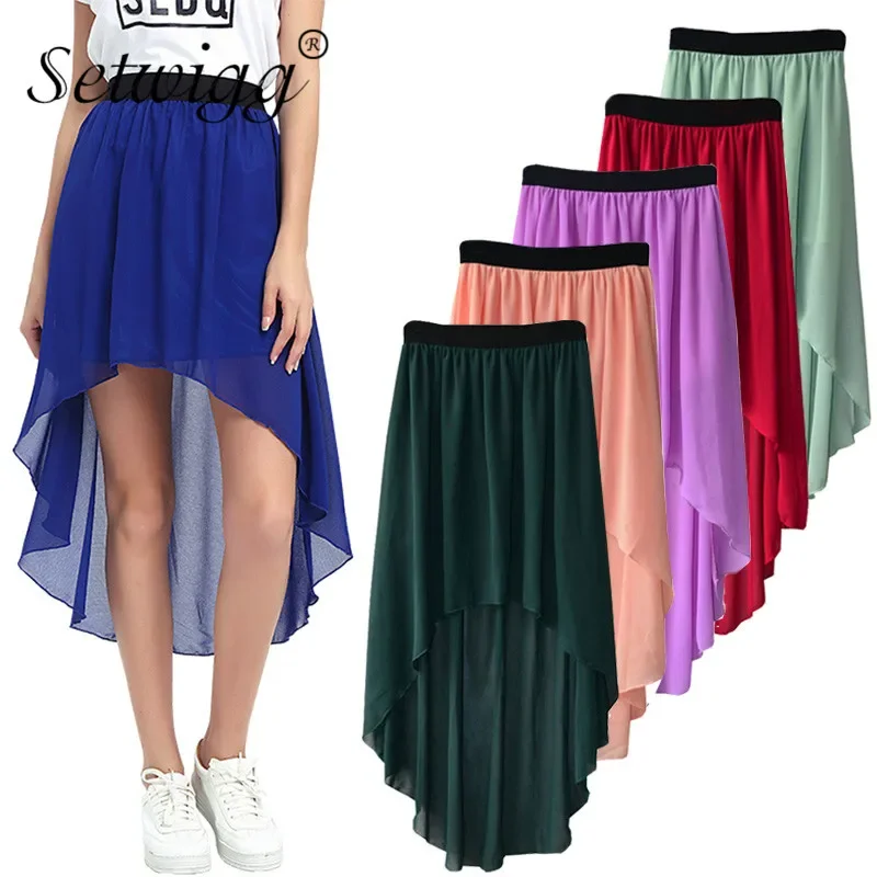 

SETWIGG Summer Bohemian Style Dip Hem Long Chiffon Skirts Elastic Waist High Low Long Pleated Asymmetric Chiffon Skirts 15 Color