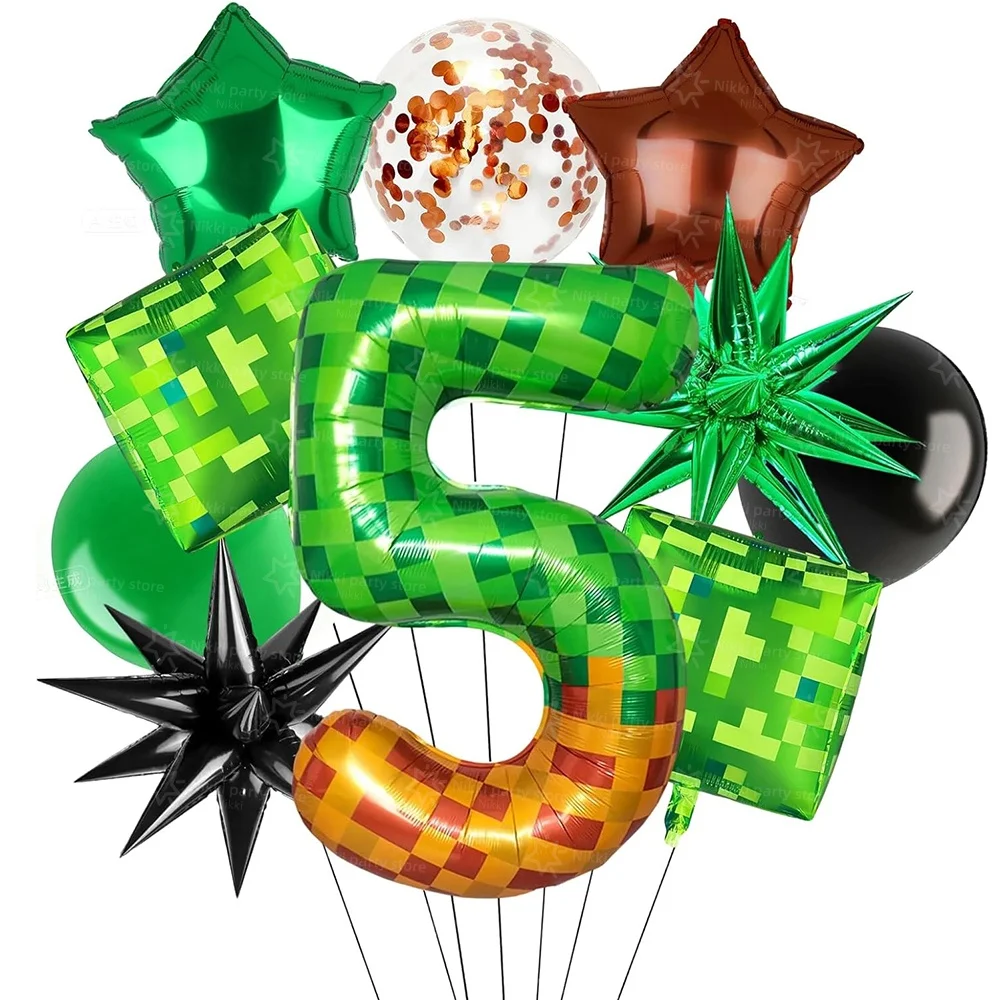 Pixel Miner Nummer Folienballon Grün 40 Zoll Groß Mylar Mining Braune Pixel-Würfel Boxen Videospiel Geburtstagsparty Dekorationen – Detail 5