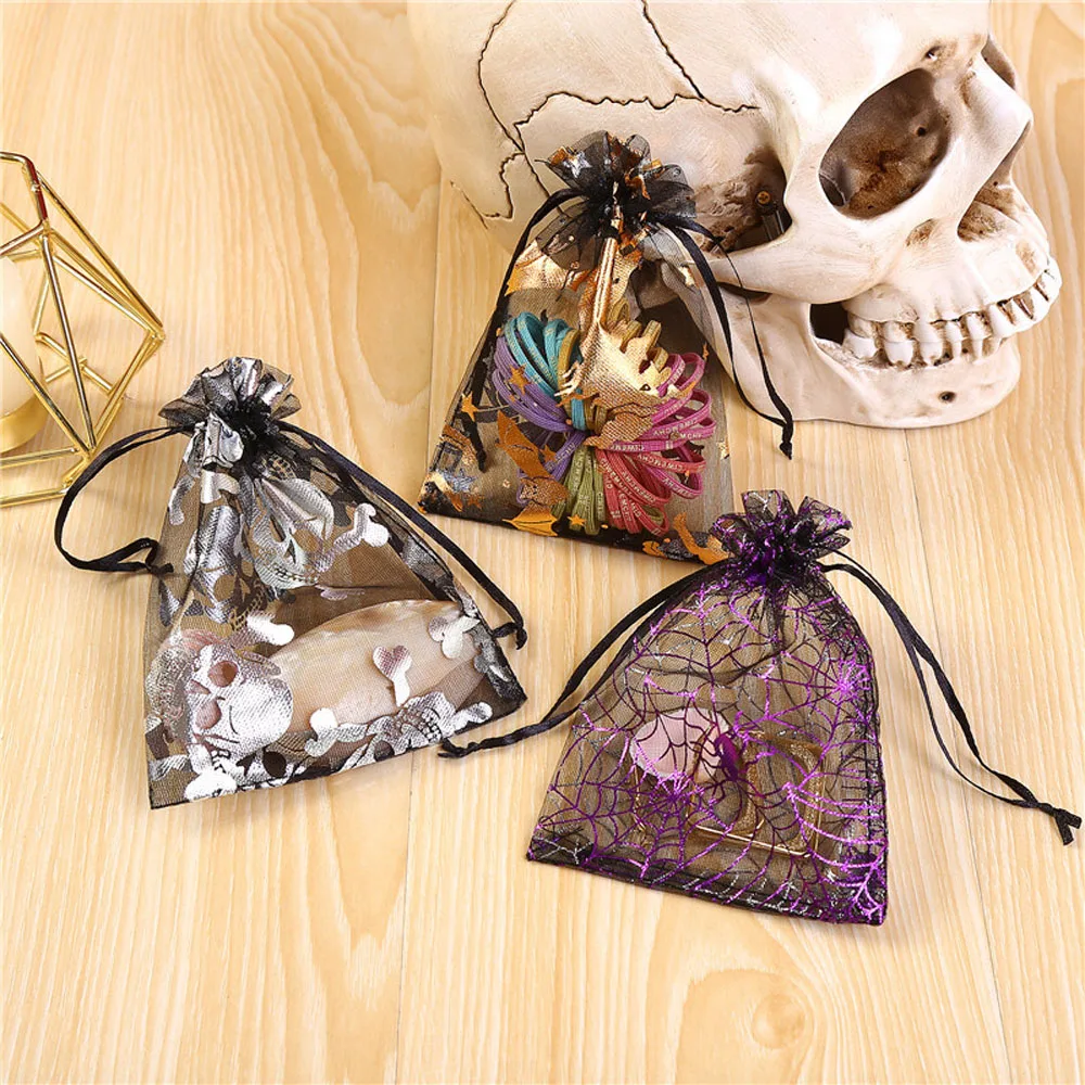 100pcs/lot 13x18cm Organza Halloween Gift Bags Pumpkin Lantern Spider Web Printing Drawable Pouch Sachet Bag