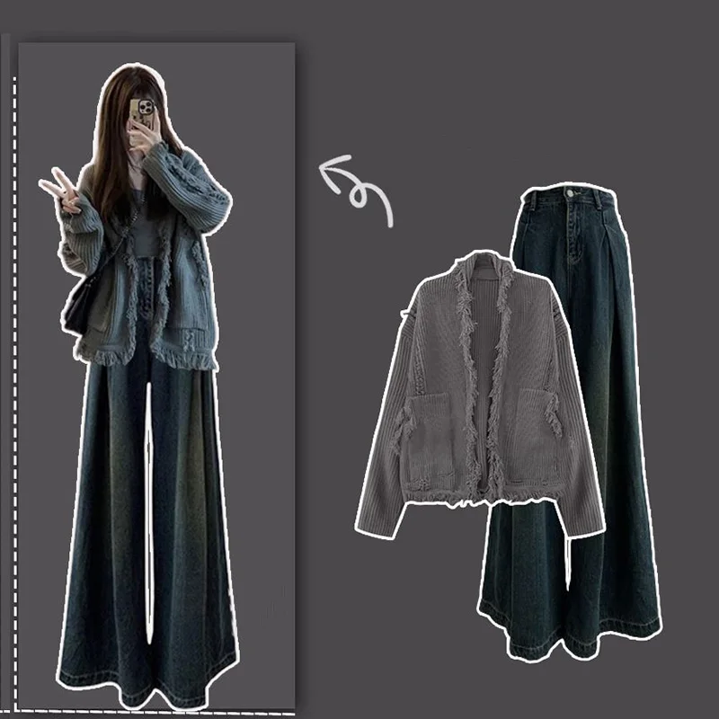 Autumn Gentle Set Women's 2023 New Korean Premium Grey Cardigan Jeans Two Piece Set Winter Clothes Women Two Piece Outfits Pants