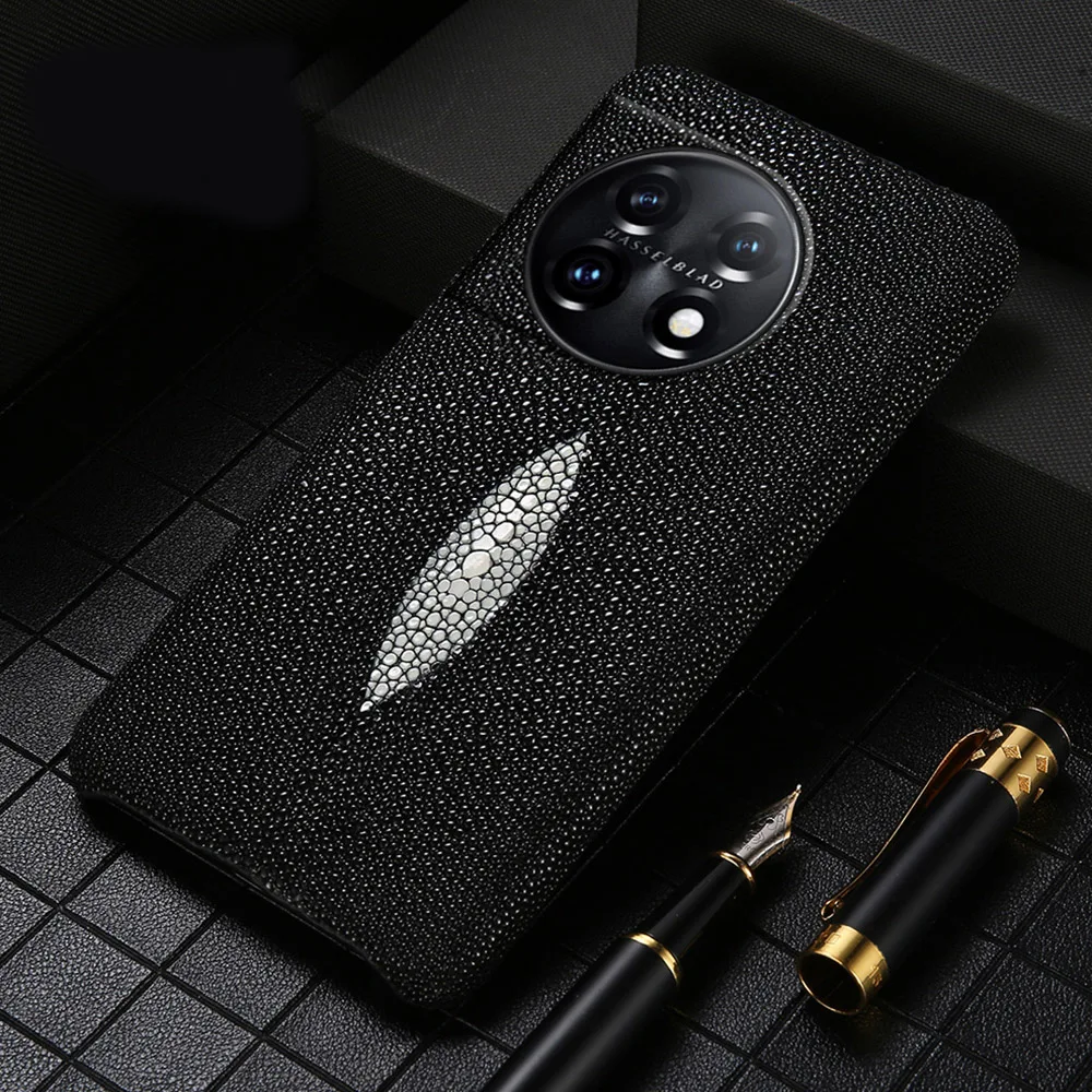 

Luxury Genuine Stingray Leather Phone Case For Oneplus 12 11 10 Pro 10Pro 12R 11R Ace 3 2 Nord 3 One Plus Pearl Fish Cover