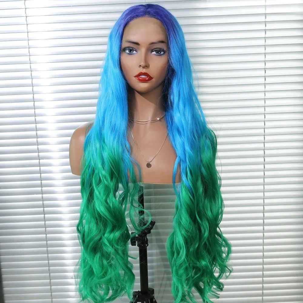 

Ombre Blue Body Wave Wig Glueless Daily Wear Synthetic Full Machine Green Wig Heat Resistant Fiber Non-lace Cheap For Women 180%