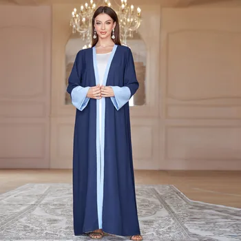 2025 New Islam Abaya Kaftan with Headscarf Contrast Stitching Sleeve Blue Dubai Middle East Arabia 1