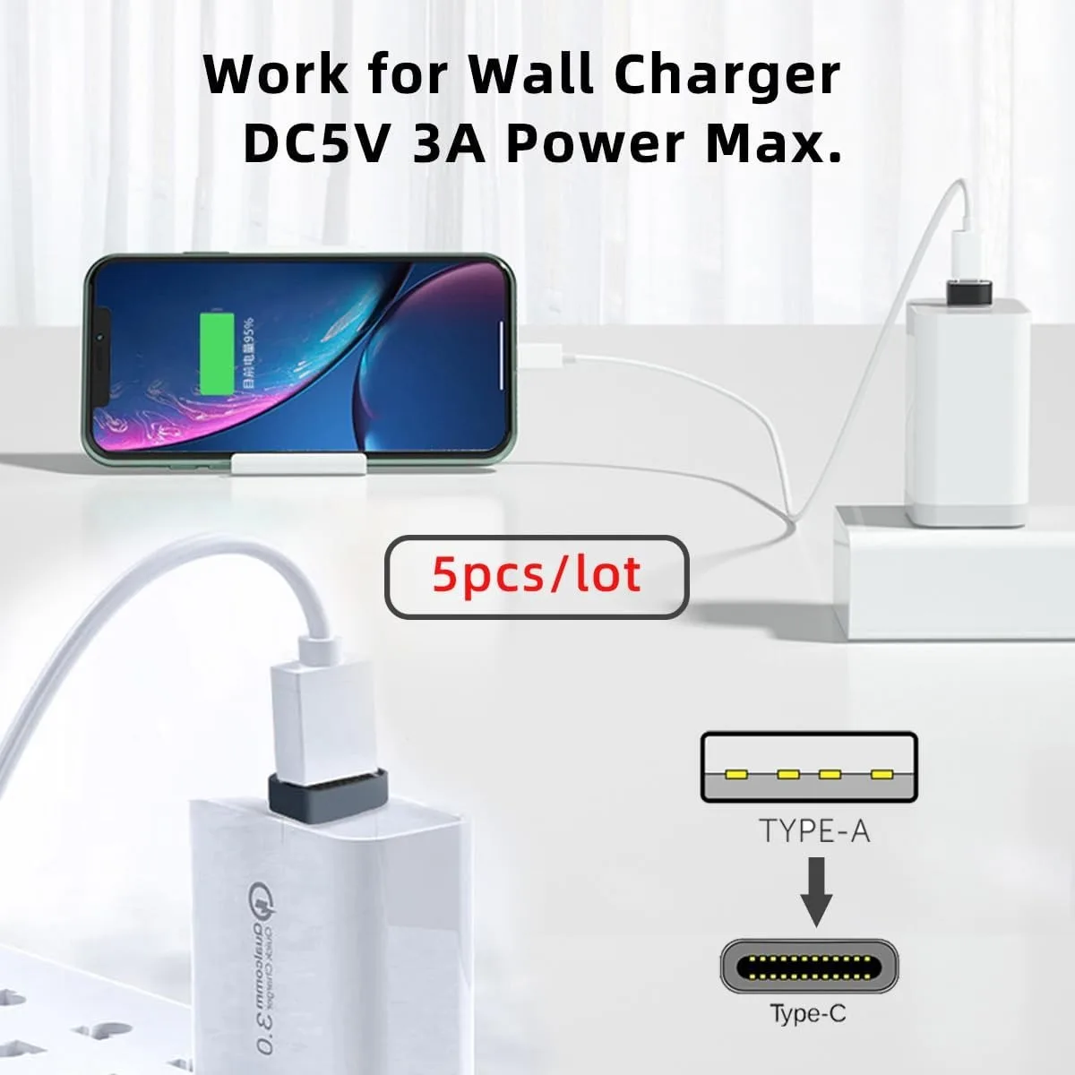 5Pac 풀 타이트 USB to USB C 어댑터, USB 타입 A(수) to USB 타입 C(암) 변환, PC/Mac/차량용 충전기/DC 어댑터에 타입 C를 추가하세요