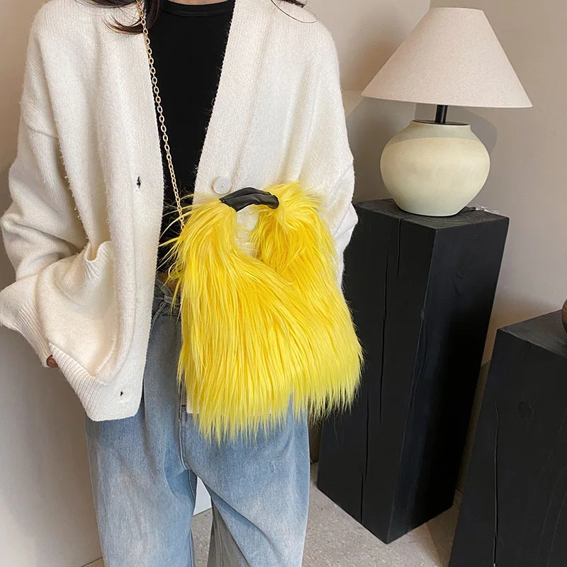 Autumn Winter New Tassel Plush Handbags Fashion Candy Color Ladies Tote Bag Simple Metal Thin Chain Shoulder Bag For Women Party