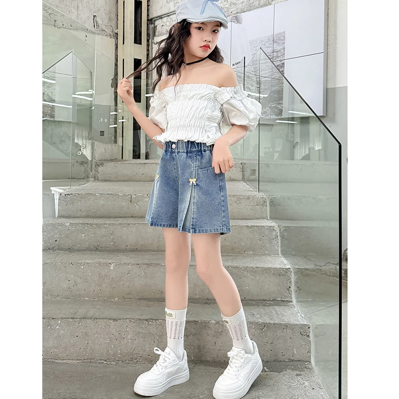 새로운 패션 여름 소녀 반바지 청바지 활 장식 데님 바지 4-14 세 십대 어린이 어린이 야외 짧은 바지