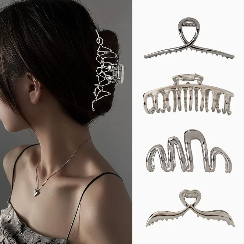 New Large Metallic Hair Claw Clips Korean Women Hair Accessories Silver Wave Geometric Shark Clip Clamps Grab for Thick Hair