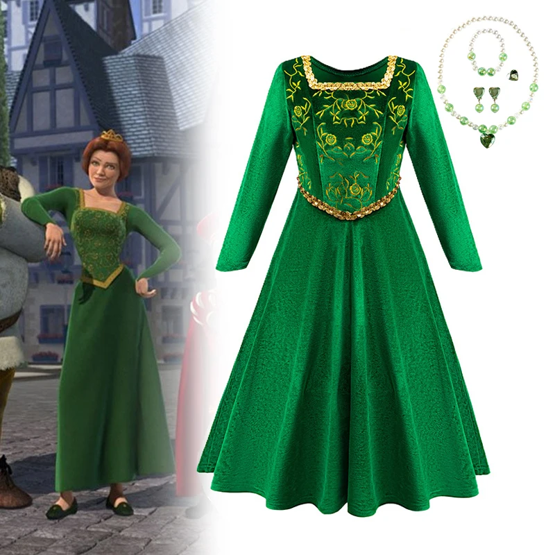 

Детский костюм для косплея Fiona Шрек, платье принцессы для девочек, зеленая праздничная одежда, костюм для Хэллоуина, карнавала, ролевых игр, Маскировочный костюм