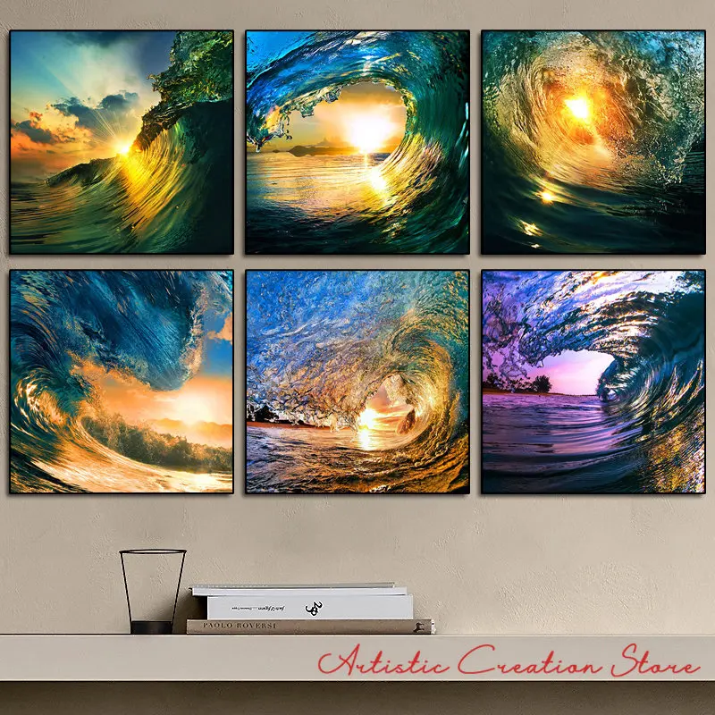Gold Sunset Waves Poster Art Canvas Painting Surfing Landscape Seascape Stampe Wall Art Pictures For Living Room Art Home Decor