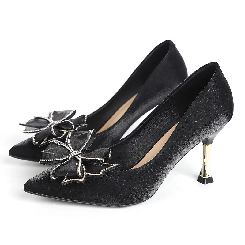 

2023 New Women's High Heel Pointed Bow with Rhinestone Banquet Wedding Shoes Women's Thin High Heels Large 32-43