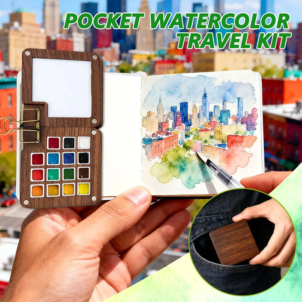 Set di strumenti per acquerello da viaggio con scatola pieghevole in legno, blocco da disegno, pennelli ad acqua, clip per artisti dell'acquerello - immagine 5