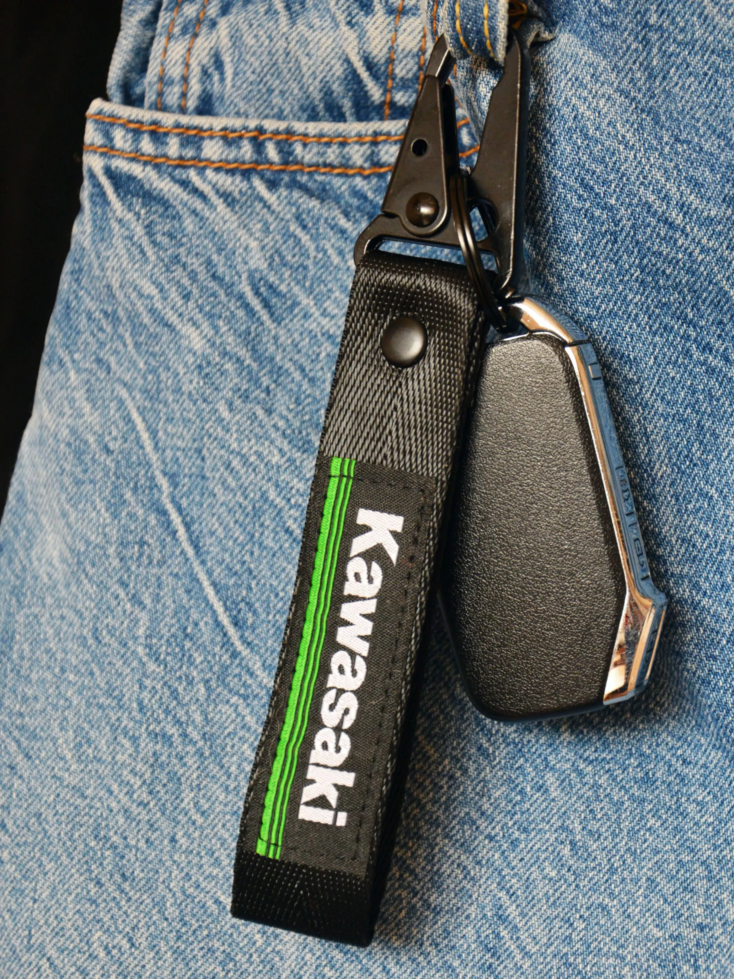 Fabric keychain for motorcycle keys with Kawasaki logo black 16x2