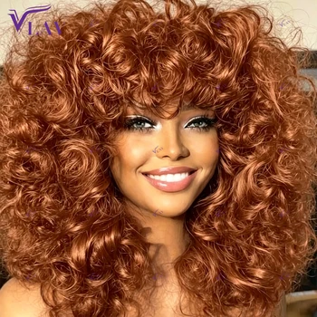 Parrucca 350 Ginger completamente realizzata a macchina, densità 300, senza colla, con frangia, ricci voluminosi, 100% capelli umani per donne di colore VLAV
