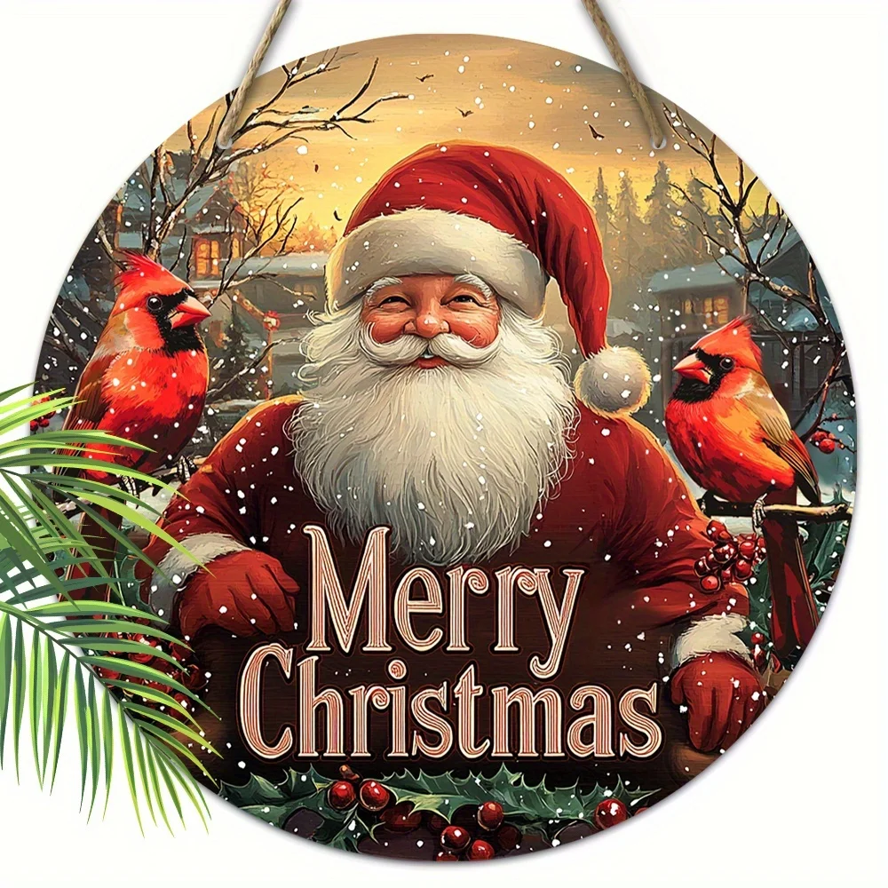Christmas Cardinal Wooden Wreath Sign – Festive Hanging Santa Claus Holiday Door & Wall Decoration 6