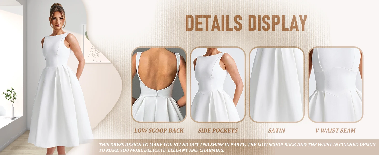 Vestido de fiesta de satén Thinyfull con escote barco, espalda descubierta, fruncido, sin mangas, midi, formal, para noche y fiesta