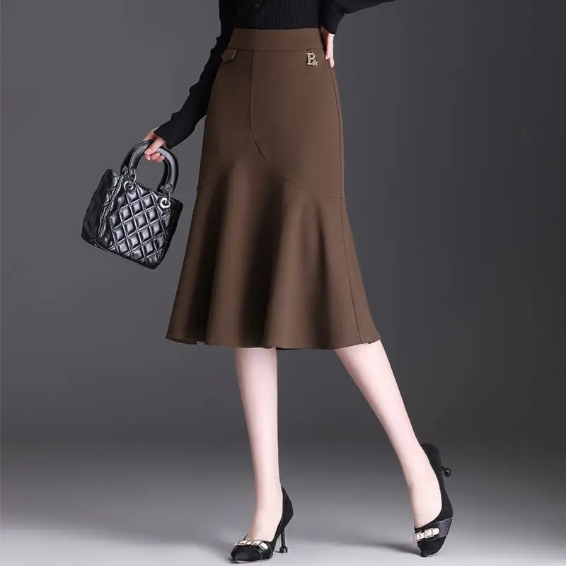 Fashion New High Waist Fishtail Skirt Women Solid Korean Fashion Simple Patchwork Elastic Versatile Wrap Hip One Step Half Skirt