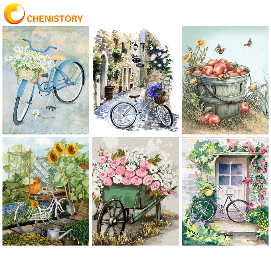 

CHENISTORY Acrylic Paint By Numbers Bicycle Oil Painting By Numbers On Canvas Flower 40x50cm Frameless DIY Number Painting Decor