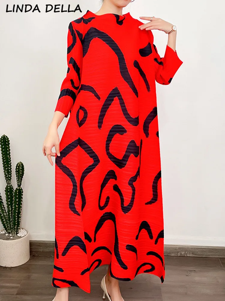 

LINDA DELLA Summer Fashion Designer Vintage Hit Color Print Dress Women's O Neck Casual Holiday Party Loose Pleated Long Dress